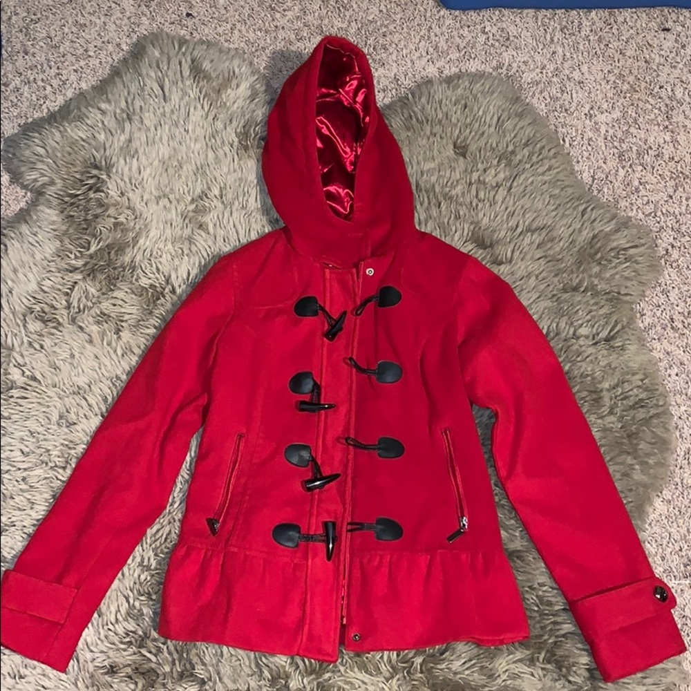 Red hooded coat